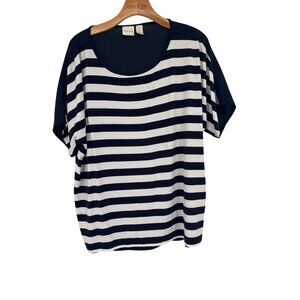 Chicos 2 top shirt Navy Blue White Striped Rayon Blend size large